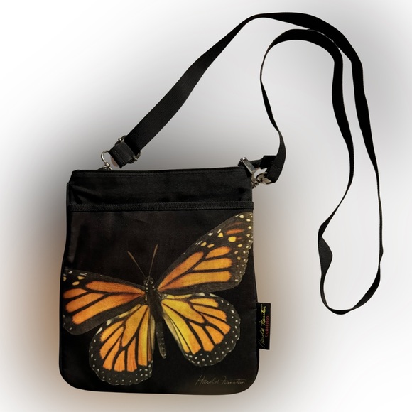Harold Feinstein Collection Black orange Butterfly Printed Cross Body Bag - Picture 1 of 12
